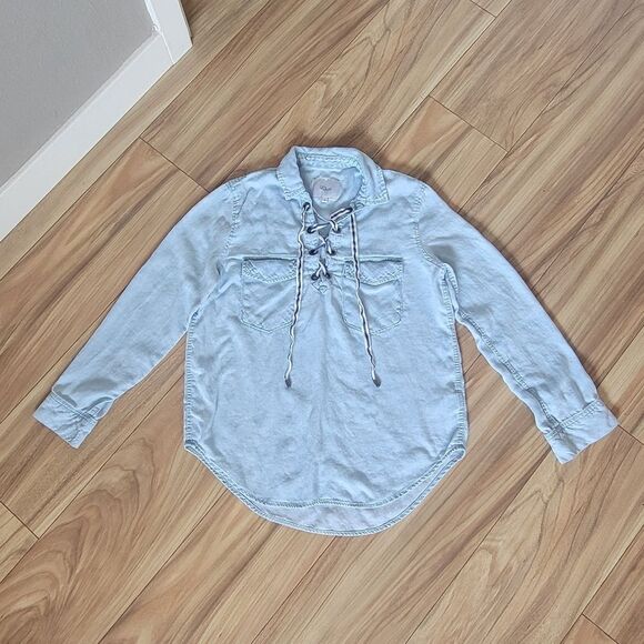 Rails Mateo Lace Up Long Sleeve Pocket Blouse in Light Denim Lyocell Chambray - Picture 3 of 10